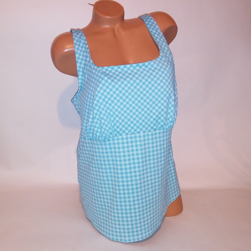 Lands End Swim Tankini Top Size 18W/L Blue Checkered Lightly Lined Underwire